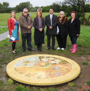 Hampton Park Renewal Project - Medicine Wheel Sculpture Unveiling Ceremony.  Kerryn Knight (left) with Counsellor Wayne Smith, Member of Parliament Judith Graley, Counsellor Damien Rosario, Aboriginal Elder Auntie Di Kerr and Michele Halsall